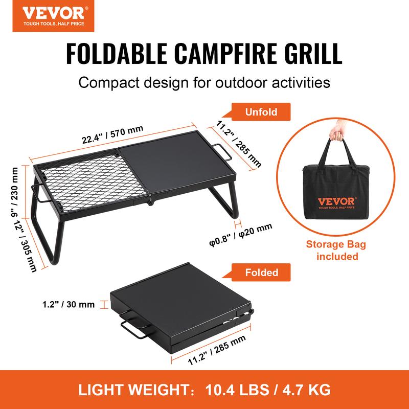 VEVOR Folding Campfire Grill, Heavy Duty Steel Mesh Grate, 22.4