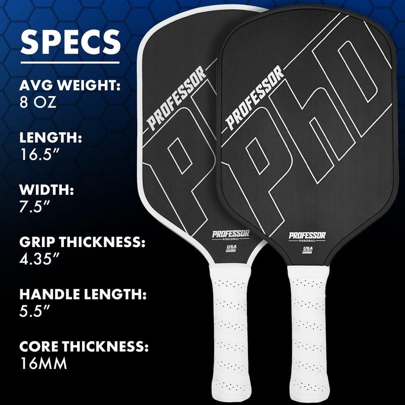 Professor PhD Raw Carbon Fiber Pickleball Paddle - 16MM - USA Pickleball Approved - Honeycomb Core - Power & Control