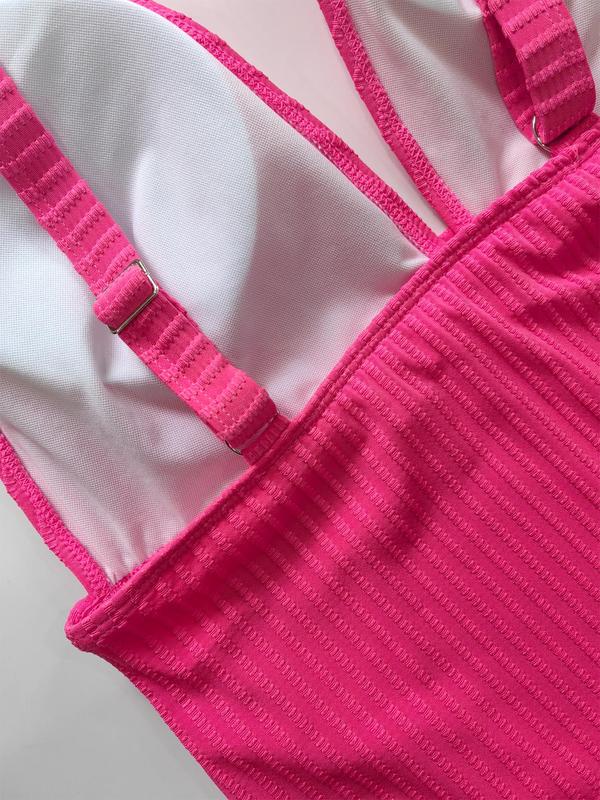 Plus Size Solid Color V Neck One-Piece Tank Swimsuit, Plus Women's Sexy Sleeveless Ribbed Swimwear for Summer, Plus Ladies One Piece Swimsuit for Beach Holiday Vacation