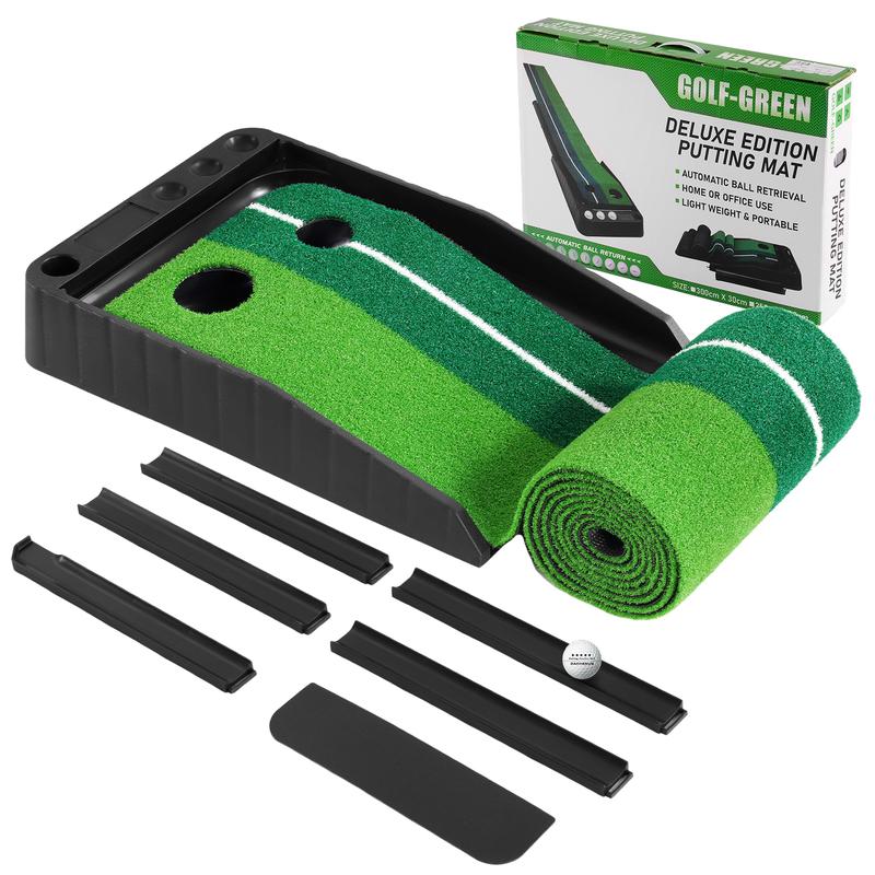 Golf Putting Mat with Auto-Ball Return | Golf Putting Green Mat for Indoor and Outdoor | Golf Training Aid | Double-hole Design with Guide Line and Attached Flap | Golf Accessories