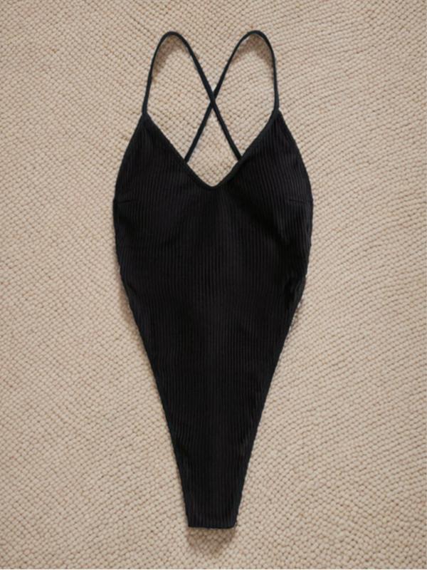Women's Solid Criss Cross Ring Linked One-piece Swimsuit, Sporty Sleeveless Spaghetti Strap Swimwear for Beach Holiday Vacation, Ladies Swimsuit for All Seasons