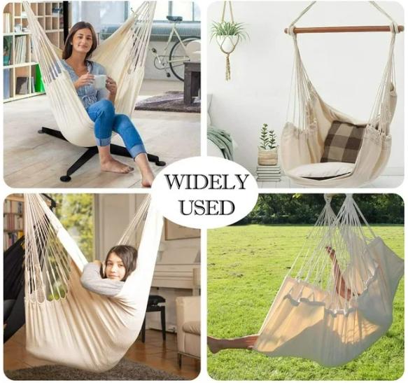 Hammock Chair Hanging Rope Hammock Swing Chair with Pocket- Perfect for Outdoor, Beige