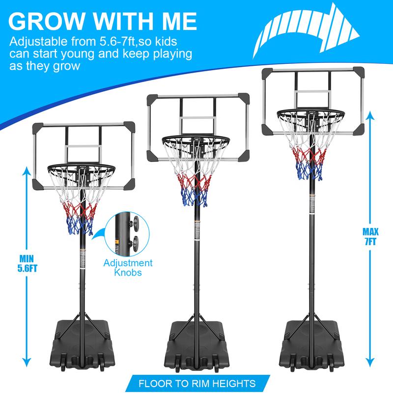 Portable Basketball Goal System with Stable Base and Wheels, use for Indoor Outdoor teenagers youth height adjustable 5.6 to 7ft Basketball Hoop 28 Inch Backboard