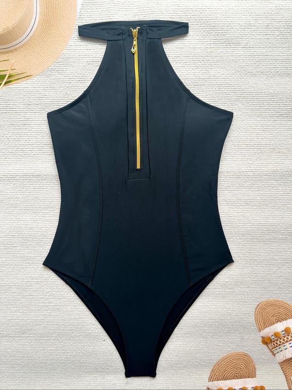 Women's Colorblock Zipper One-piece Swimsuit, Casual Sleeveless Round Neck Swimwear for Summer, Ladies Swimsuit for Beach Holiday Vacation