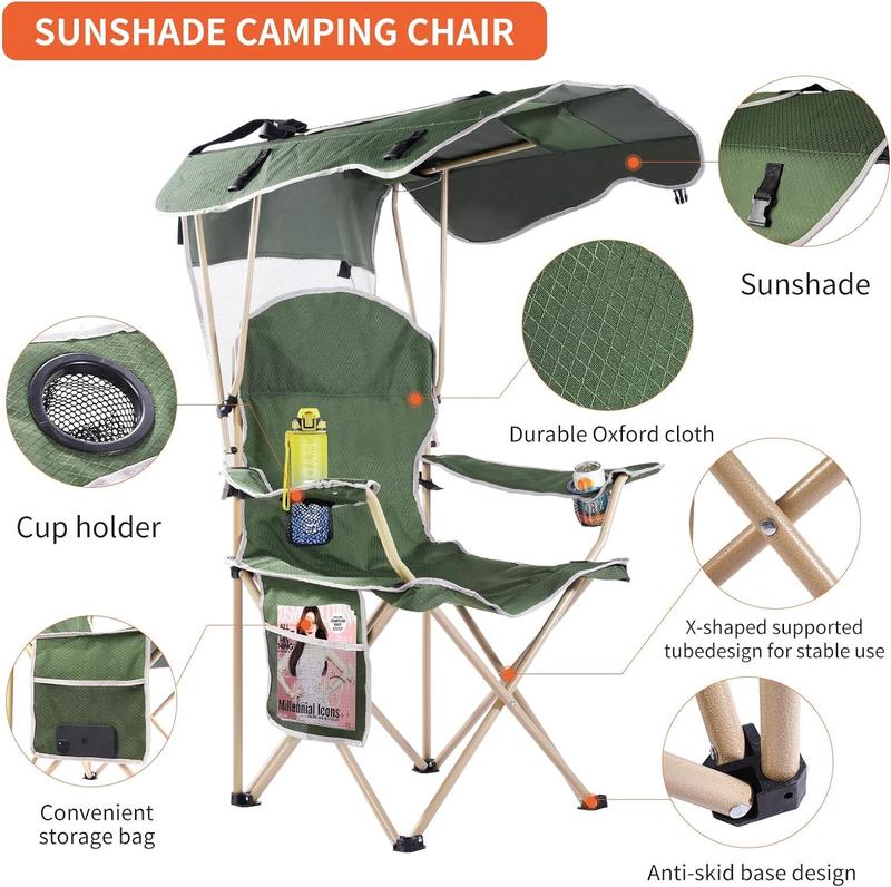  Wide lawn chair, camping chair with foldable sunshade, suitable for beach camping, foldable outdoor fishing sports | Comes with two cup holders and storage bag