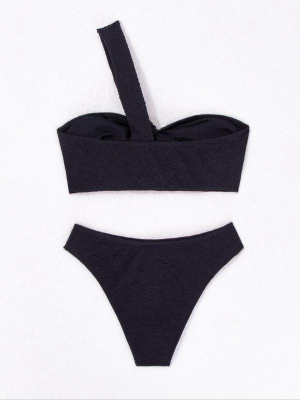 Women's Solid Ruched Knot One Shoulder Bikini Set, Casual Asymmetrical Swim Bra & Swim Panty Swimwear Set for Beach Vacation, Ladies Summer Clothes