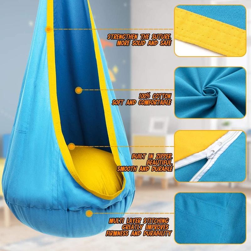 Pod Swing Chair, Hanging Hammock Chair with Inflatable Pillow, Sensory Pocket for Outdoor and Indoor, Max 176Lbs(Blue Yellow)