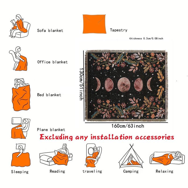 Boho Moon Print Tassel Throw Blanket, Soft Comfortable Camping Blanket, Multifunctional Bedding for Home & Outdoor Camping