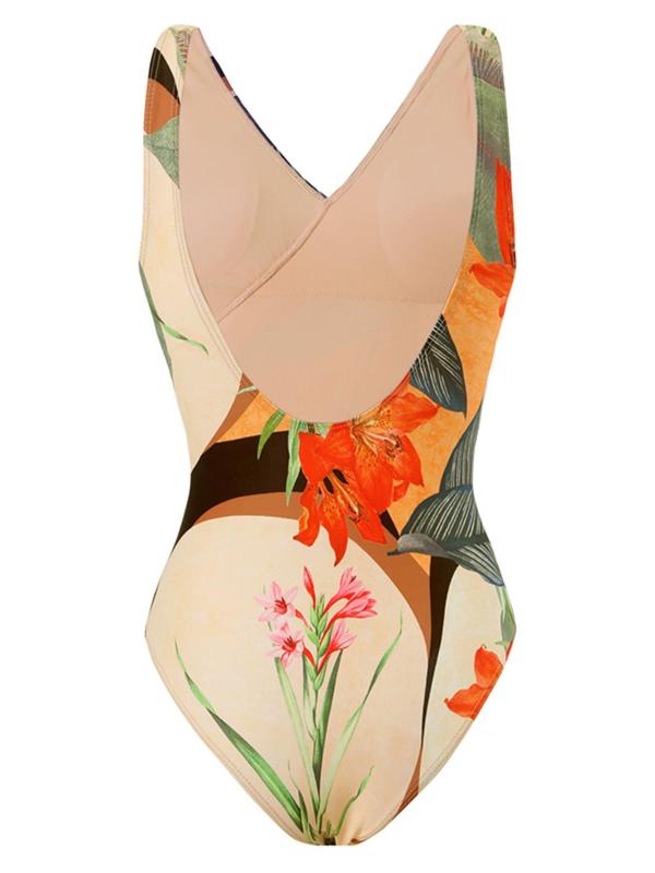 Two-Piece Set Women's Plants Print Swimsuit, Boho Fashion Casual Sleeveless Wrap Plicated One-piece Swimwear & Tie Front Skirt for Beach Holiday Vacation, Ladies Swimsuit for All Seasons