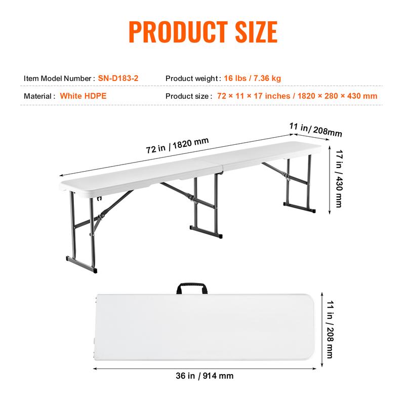 VEVOR Plastic Folding Bench, 6 FT Portable Folding Bench, Smooth HDPE Waterproof Outdoor Bench, Picnic Camping Dining Seat with Carrying Handle, for Garden Soccer Entertaining Activity, White (1 Pack)