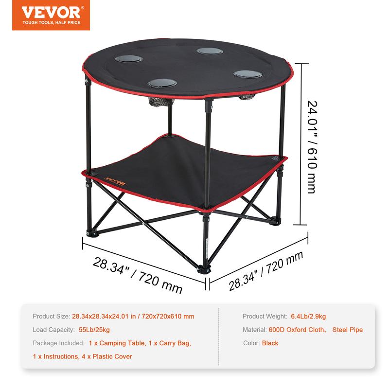 VEVOR Folding Camping Table, Outdoor Portable Side Tables, Lightweight Fold Up Table, 600D Oxford Fabric & Steel Ultra Compact Work Table with Large Storage & Carry Bag, For Beach Picnic, 28.3