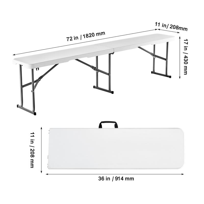 VEVOR Plastic Folding Bench, 6 FT Portable Folding Bench, Smooth HDPE Waterproof Outdoor Bench, Picnic Camping Dining Seat with Carrying Handle, for Garden Soccer Entertaining Activity, White (1 Pack)