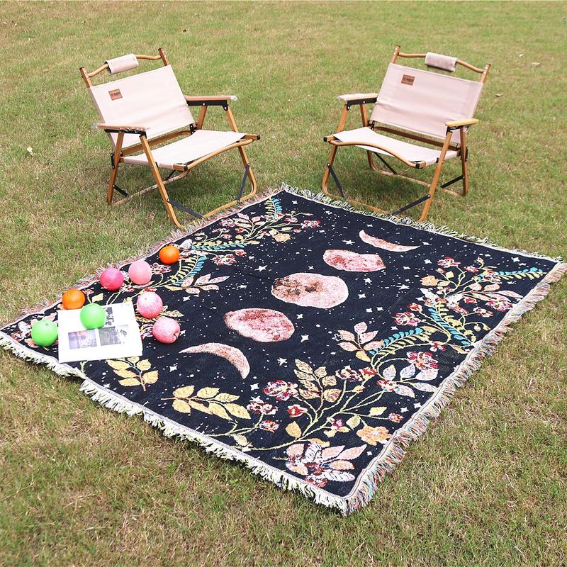 Boho Moon Print Tassel Throw Blanket, Soft Comfortable Camping Blanket, Multifunctional Bedding for Home & Outdoor Camping