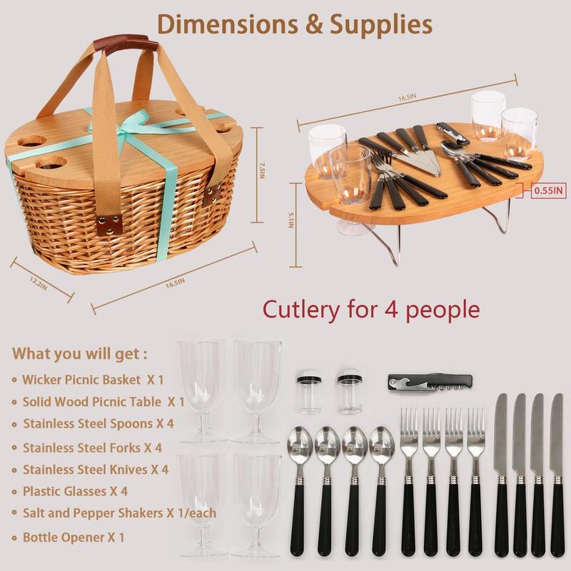 [100% Hand Woven]Hap Tim Wicker Picnic Basket Set for 2 4 Persons | Large Willow Hamper with Large Insulated Cooler Compartment Cutlery Service Kit-Classical Brown mother's day gift