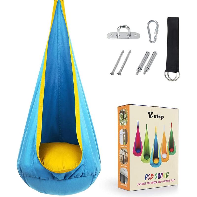 Pod Swing Chair, Hanging Hammock Chair with Inflatable Pillow, Sensory Pocket for Outdoor and Indoor, Max 176Lbs(Blue Yellow)