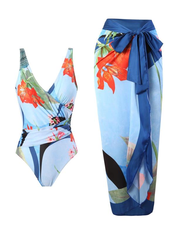 Two-Piece Set Women's Plants Print Swimsuit, Boho Fashion Casual Sleeveless Wrap Plicated One-piece Swimwear & Tie Front Skirt for Beach Holiday Vacation, Ladies Swimsuit for All Seasons