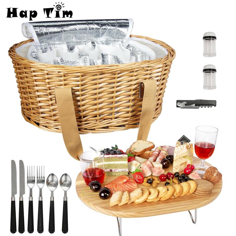 [100% Hand Woven]Hap Tim Wicker Picnic Basket Set for 2 4 Persons | Large Willow Hamper with Large Insulated Cooler Compartment Cutlery Service Kit-Classical Brown mother's day gift