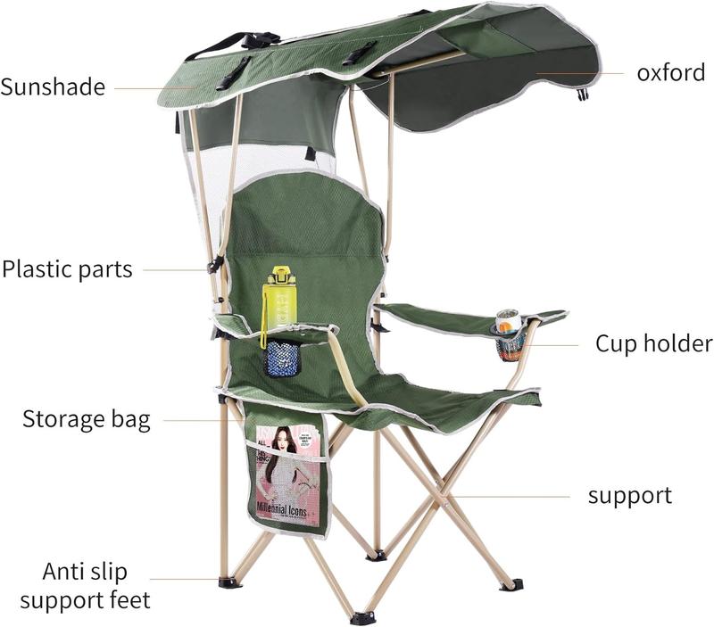  Wide lawn chair, camping chair with foldable sunshade, suitable for beach camping, foldable outdoor fishing sports | Comes with two cup holders and storage bag