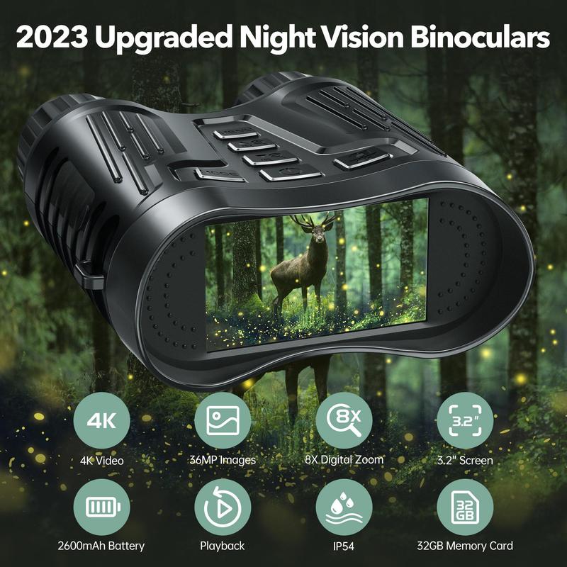 4K Travel Night Vision Binoculars, 1 Set Adult Infrared Night Vision Binoculars, 3.2 Inch Large Screen, 8X Digital Zoom, Binocular with 32GB Memory Card, Camping Essentials, Stocking Fillers Gift