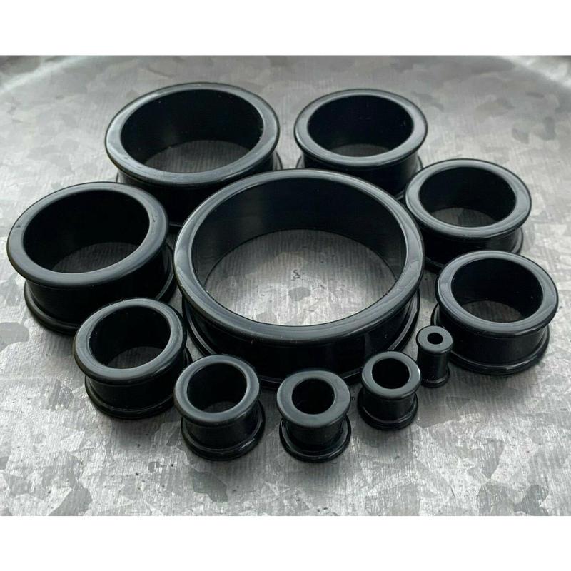 PAIR of Midnight Black Solid Silicone Double Flare Tunnels