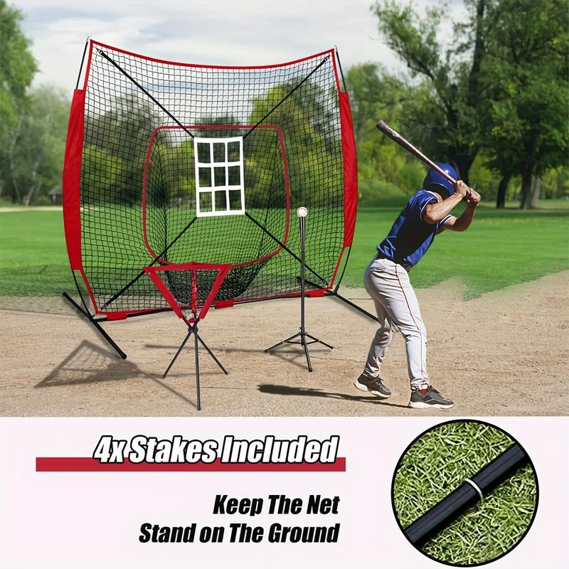 7'x 7' Baseball Backstop Softball Practice Net For Hitting And Pitching, Batting, Catching, With Batting Tee, Strike Zone, Carrying Bag, Bow Frame