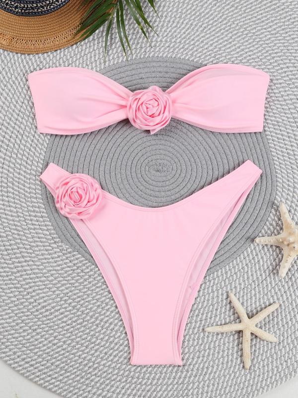 Two-Piece Set Women's 3D Floral Knot Back Bikini Set, Casual Swim Bra & High Cut Swim Pany Set for Summer, Chic Ladies Bathing Suit for Beach Holiday Vacation