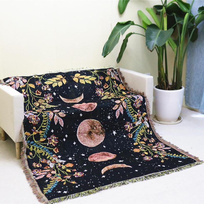 Boho Moon Print Tassel Throw Blanket, Soft Comfortable Camping Blanket, Multifunctional Bedding for Home & Outdoor Camping