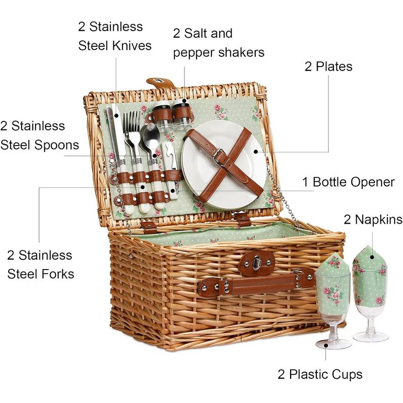 Picnic Basket for 2, Handmade Willow Hamper Basket Sets 2 Person Picnic Basket with Utensils Cutlery Perfect for Picnic, Camping