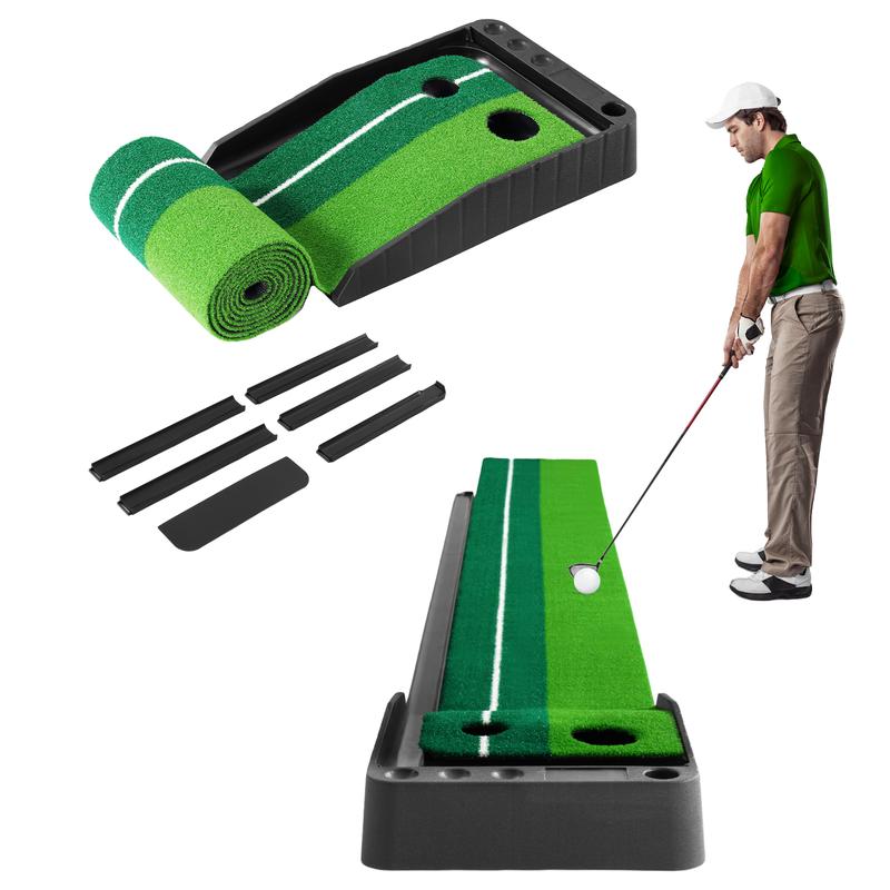 Golf Putting Mat with Auto-Ball Return | Golf Putting Green Mat for Indoor and Outdoor | Golf Training Aid | Double-hole Design with Guide Line and Attached Flap | Golf Accessories