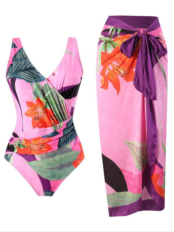 Two-Piece Set Women's Plants Print Swimsuit, Boho Fashion Casual Sleeveless Wrap Plicated One-piece Swimwear & Tie Front Skirt for Beach Holiday Vacation, Ladies Swimsuit for All Seasons