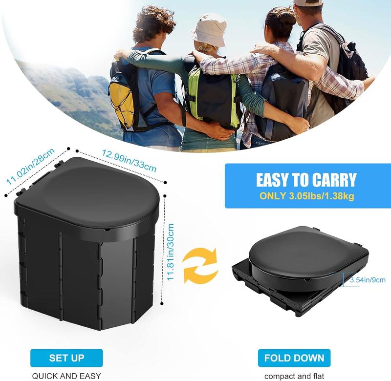 Portable Camping Toilet, Folding Toilet for Adults with Lid and Retractable Toilet Paper Holder, Waterproof Porta Potty with Carry Bag and Disposible Liners for Camping, Hiking, RV Travel, Road Trips