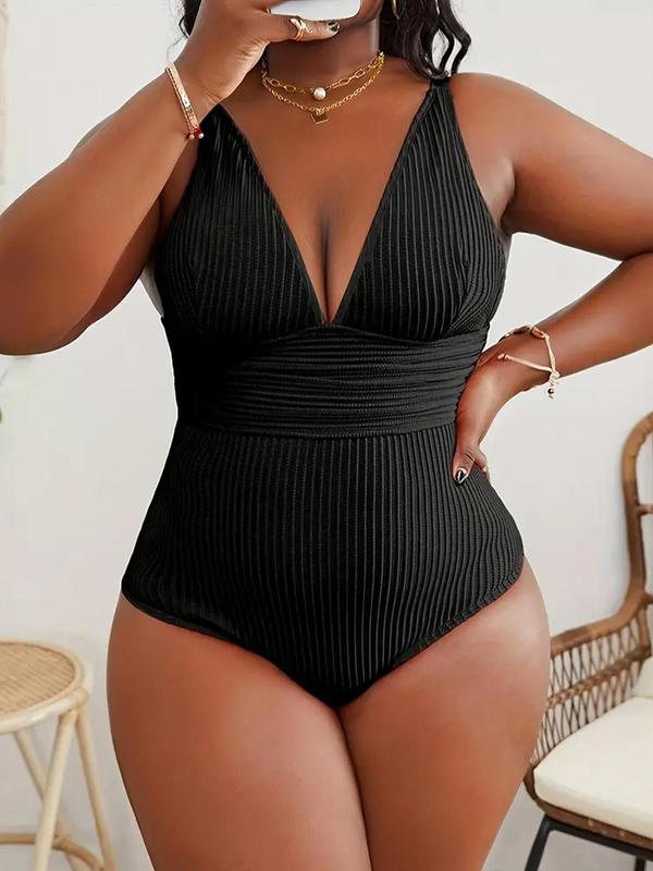Plus Size Solid Color V Neck One-Piece Tank Swimsuit, Plus Women's Sexy Sleeveless Ribbed Swimwear for Summer, Plus Ladies One Piece Swimsuit for Beach Holiday Vacation