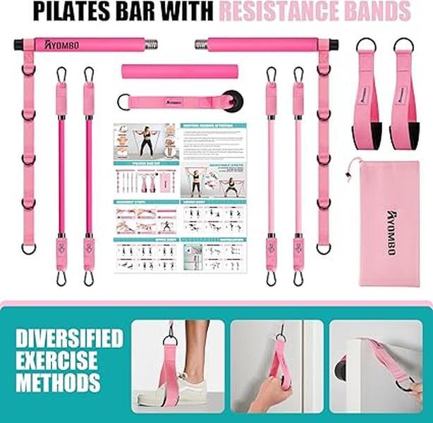 Pilates Bar Kit with Resistance Bands, Pilates Workout Equipment for Legs, Hip, Waist, Arm, Squats Exercise Equipment for Home Workouts, Adjustable 3-Section Pilates Bar Kit for Women & Men