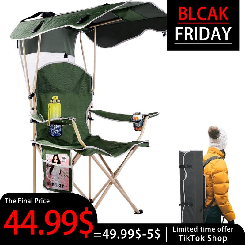  Wide lawn chair, camping chair with foldable sunshade, suitable for beach camping, foldable outdoor fishing sports | Comes with two cup holders and storage bag