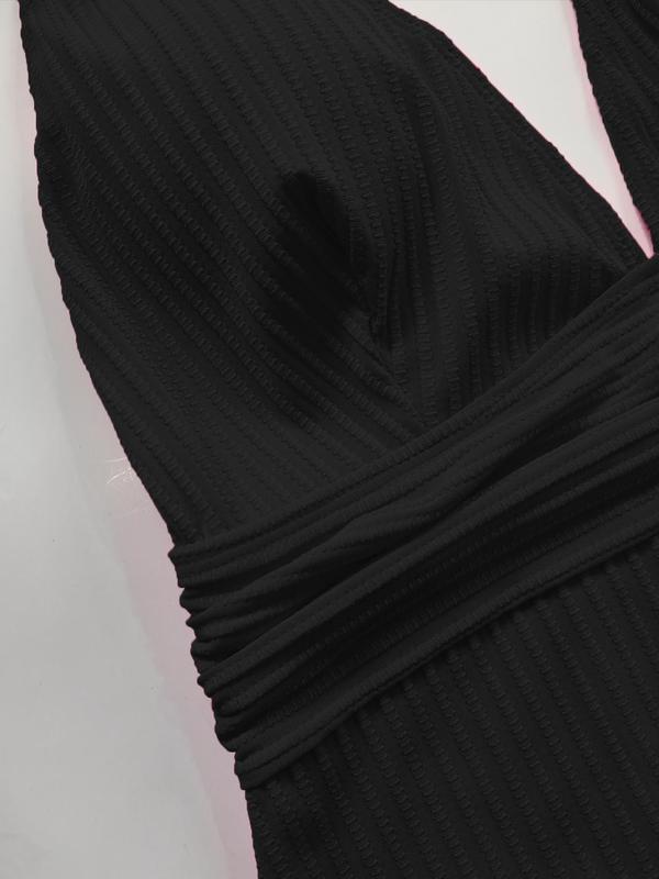 Plus Size Solid Color V Neck One-Piece Tank Swimsuit, Plus Women's Sexy Sleeveless Ribbed Swimwear for Summer, Plus Ladies One Piece Swimsuit for Beach Holiday Vacation