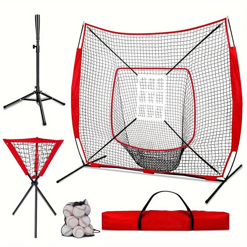 7'x 7' Baseball Backstop Softball Practice Net For Hitting And Pitching, Batting, Catching, With Batting Tee, Strike Zone, Carrying Bag, Bow Frame