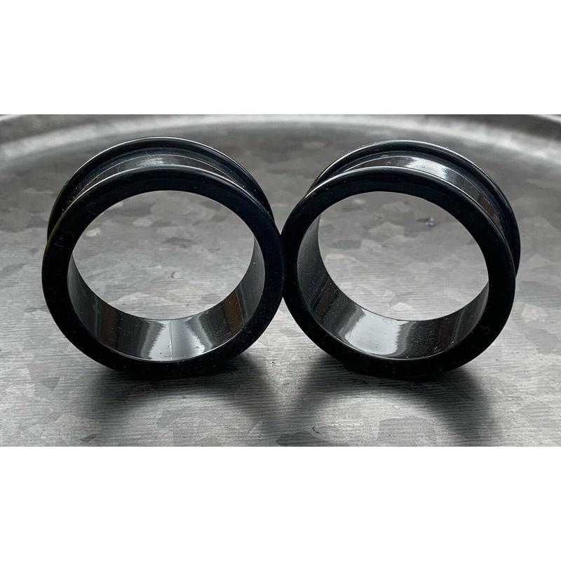 PAIR of Midnight Black Solid Silicone Double Flare Tunnels