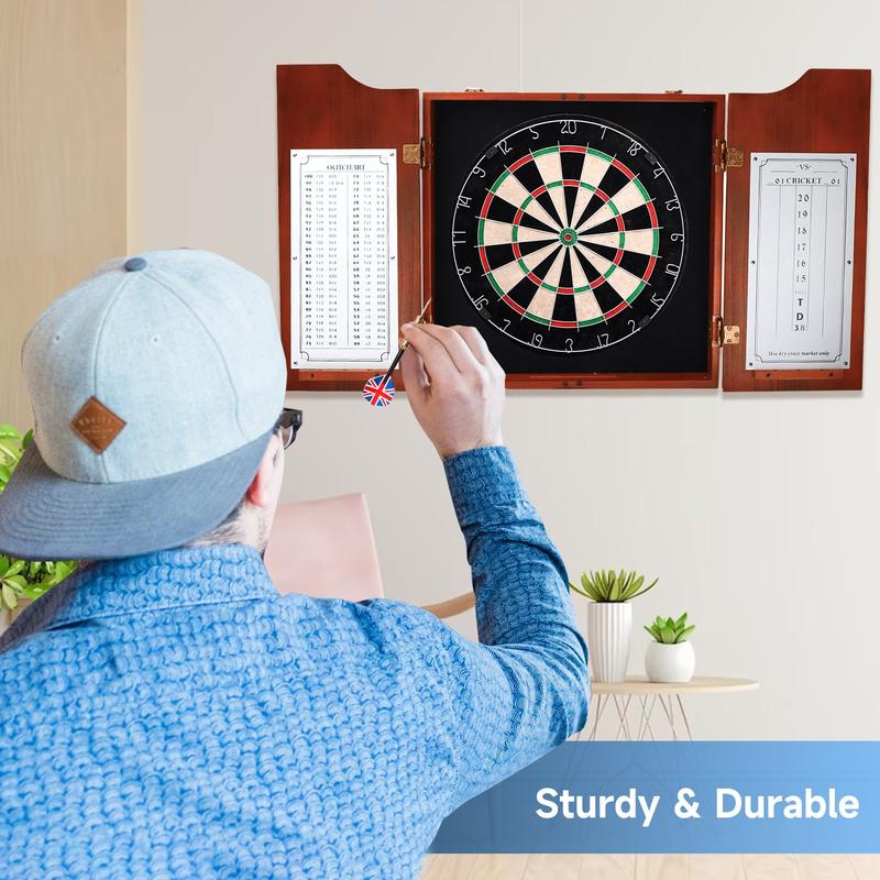 Dartboard Cabinet with Sisal Bristle Dartboard, Dart Scoreboard, and Steel Tip Darts