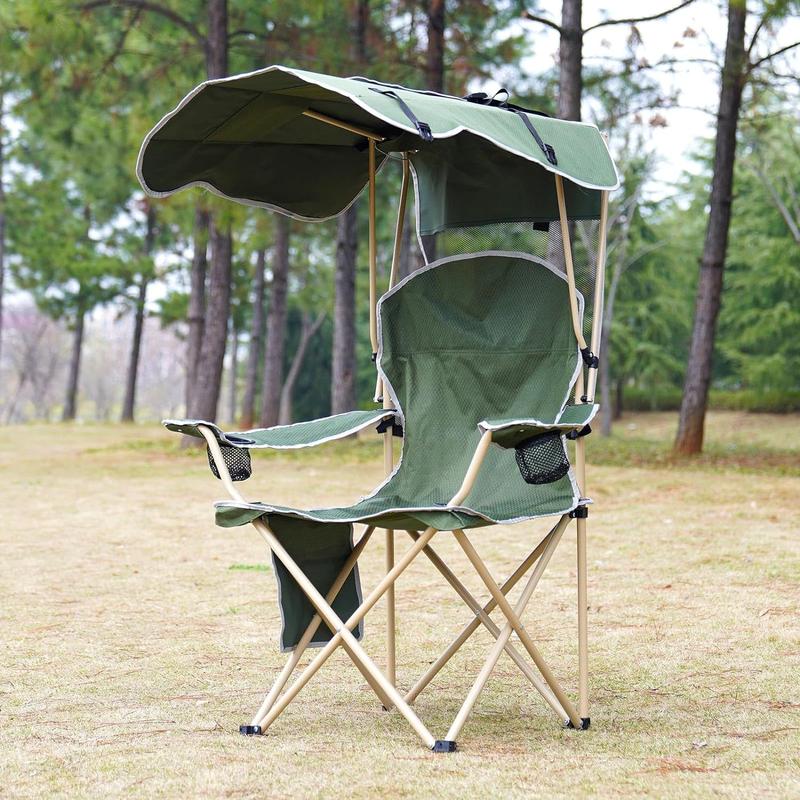  Wide lawn chair, camping chair with foldable sunshade, suitable for beach camping, foldable outdoor fishing sports | Comes with two cup holders and storage bag