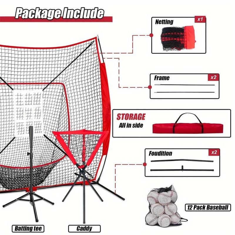 7'x 7' Baseball Backstop Softball Practice Net For Hitting And Pitching, Batting, Catching, With Batting Tee, Strike Zone, Carrying Bag, Bow Frame