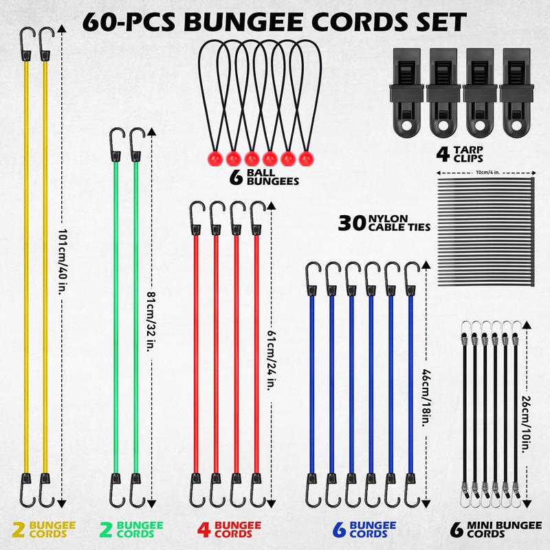 60 Assorted Sizes of Bungee Cords - 10“ 18” 24“ 32” 40” Heavy Duty Outdoor Bungee Cords with Hooks, Large, Medium, Small and Mini Straps