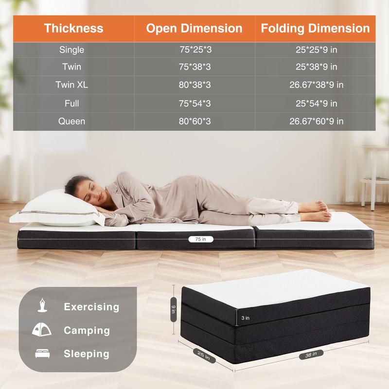 SweetFurniture Folding Mattress, Tri-fold Memory Foam Mattress Topper for Camping, Foldable Mattress Topper with Washable Cover