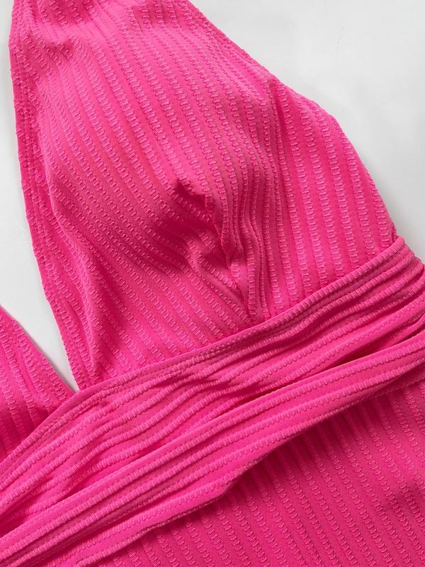 Plus Size Solid Color V Neck One-Piece Tank Swimsuit, Plus Women's Sexy Sleeveless Ribbed Swimwear for Summer, Plus Ladies One Piece Swimsuit for Beach Holiday Vacation