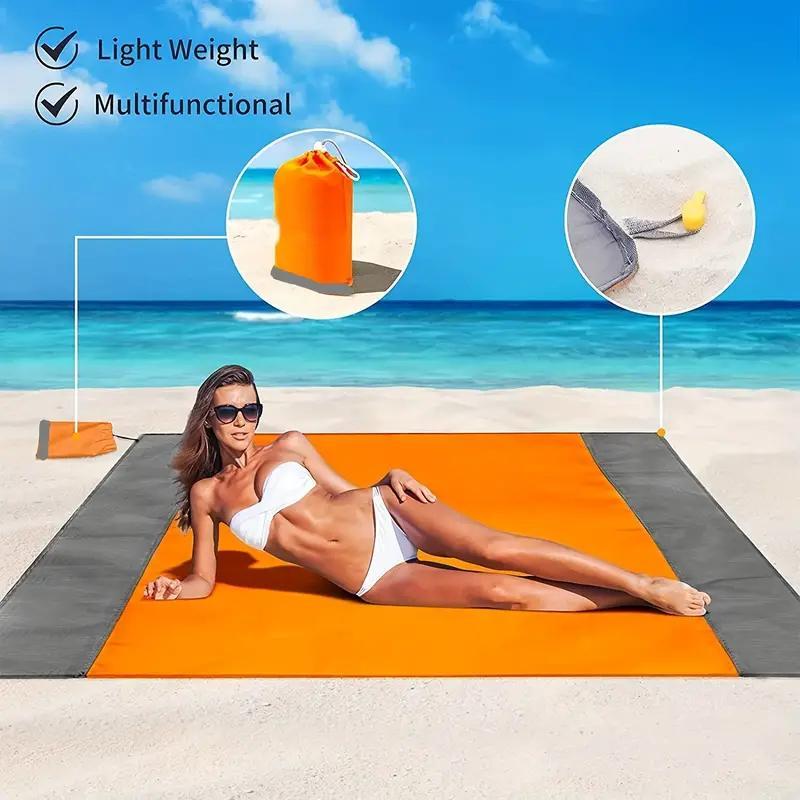 Waterproof & Sand-proof Beach Blanket, Foldable Beach Mat with 4 Corner Stakes for Outdoor Camping, Travel, Vacation, Hiking