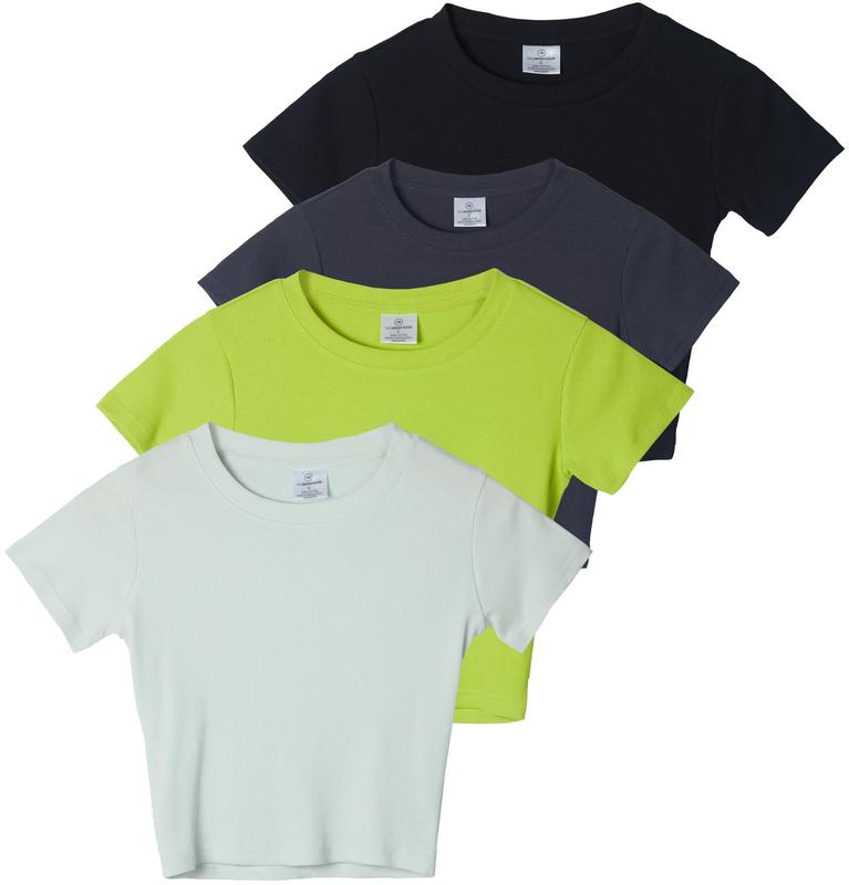 Real Essentials 4-Pack: Women's Short Sleeve Ribbed Knit Cotton Crew Neck Crop Top T-Shirt - (Available in Plus)