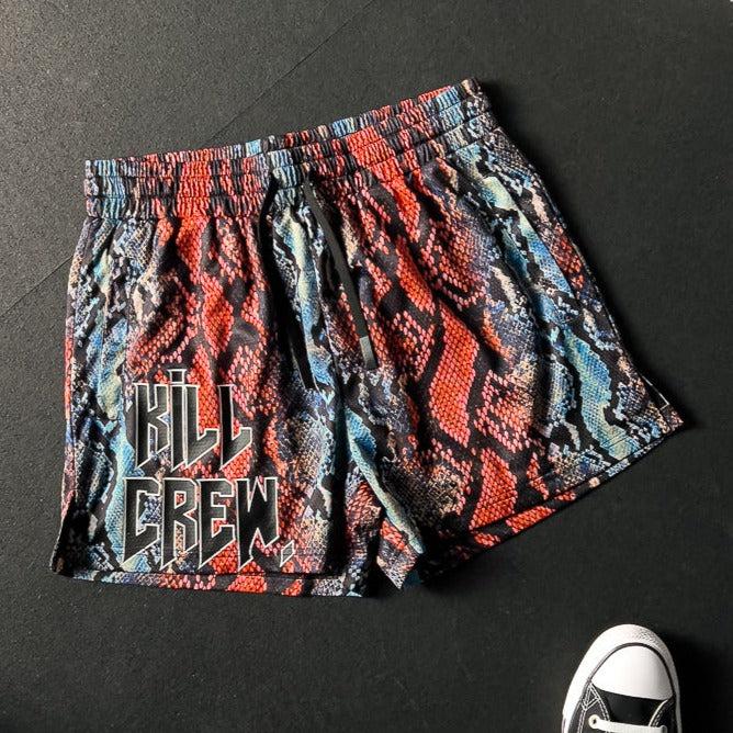 Kill Crew Muay Thai Shorts - Spider - Black   White, Unisex, Mid Thigh Cut, Pockets, Gym Shorts, Elastic Waistband, Long drawcord with wax tips