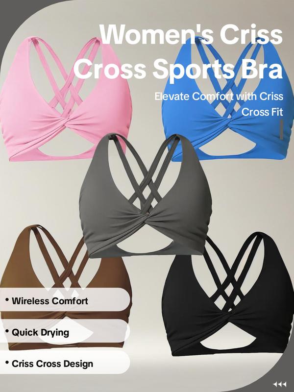 Women's Criss Cross Twist Front Wireless Sports Bra, Solid Color Breathable Comfortable Quick Drying Sports Bra, Ladies Sportswear for Indoor Outdoor Wear, Sports Bra