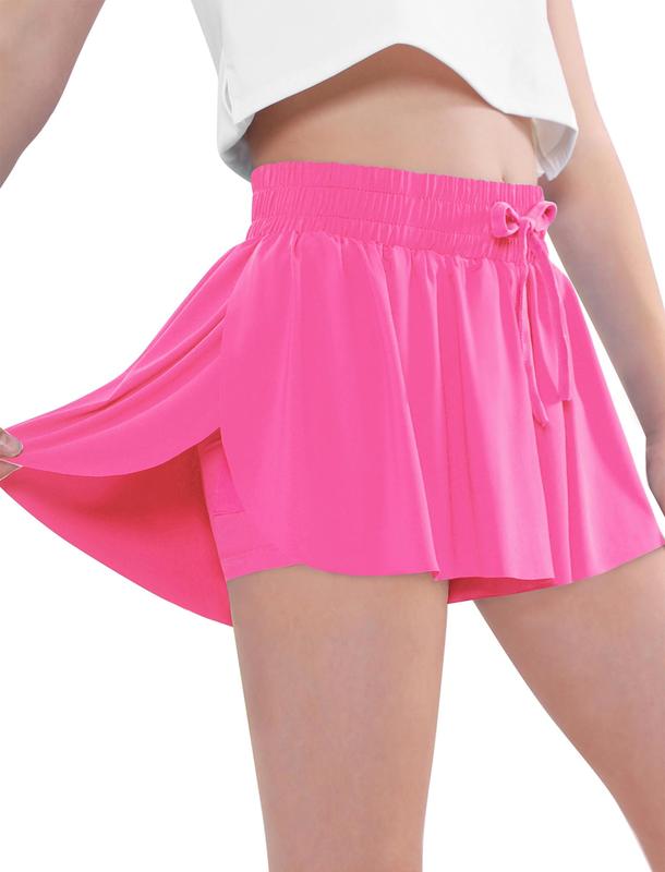 EXARUS Girls Butterfly Shorts Flowing Sports 2 in 1 Dance Tennis Cheer Skirt Running Preppy Tracksuit 6-14 Years Old clothing pink