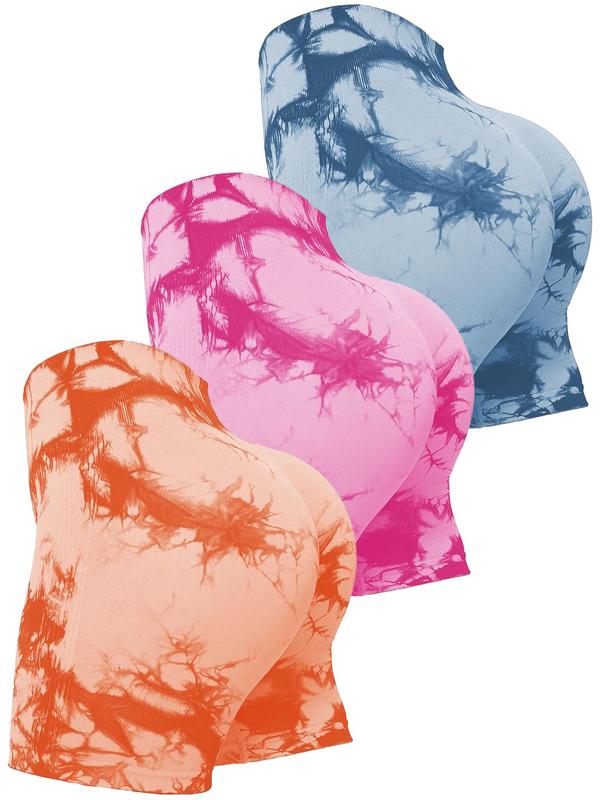 Women's 3pcs Tie Dye Print High Waist Sports Gym Shorts, High Stretch Seamless Yoga Gym Athletic Biker Shorts, Ladies Sportswear for Indoor Outdoor Wear
