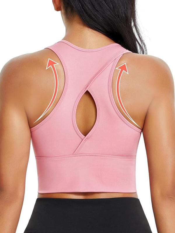 Women's Solid Zip Front Sports Bra, Breathable Comfortable High Stretch Sports Bra, Ladies Sportswear for Indoor Outdoor Wear